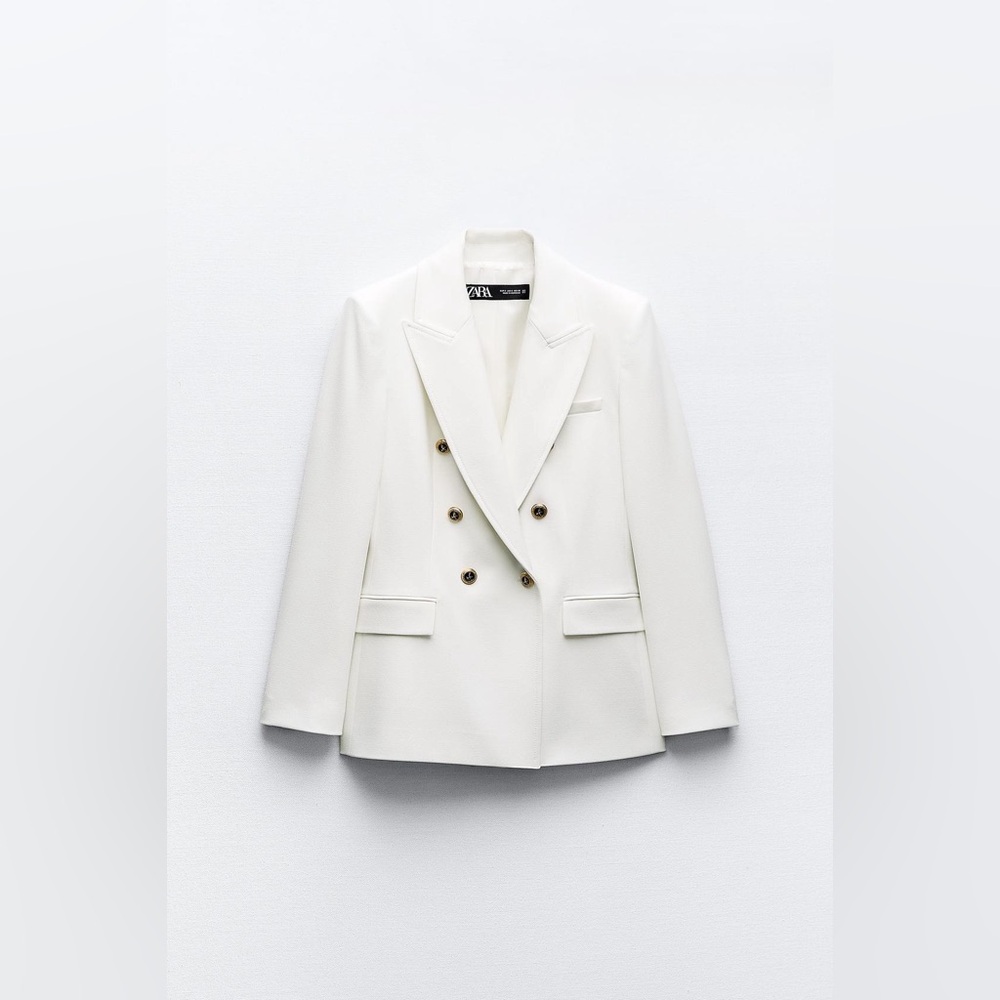 ZARA Oyster White Tailored Double Breasted Blazer Gold Button Sz M NWT - Picture 5 of 6